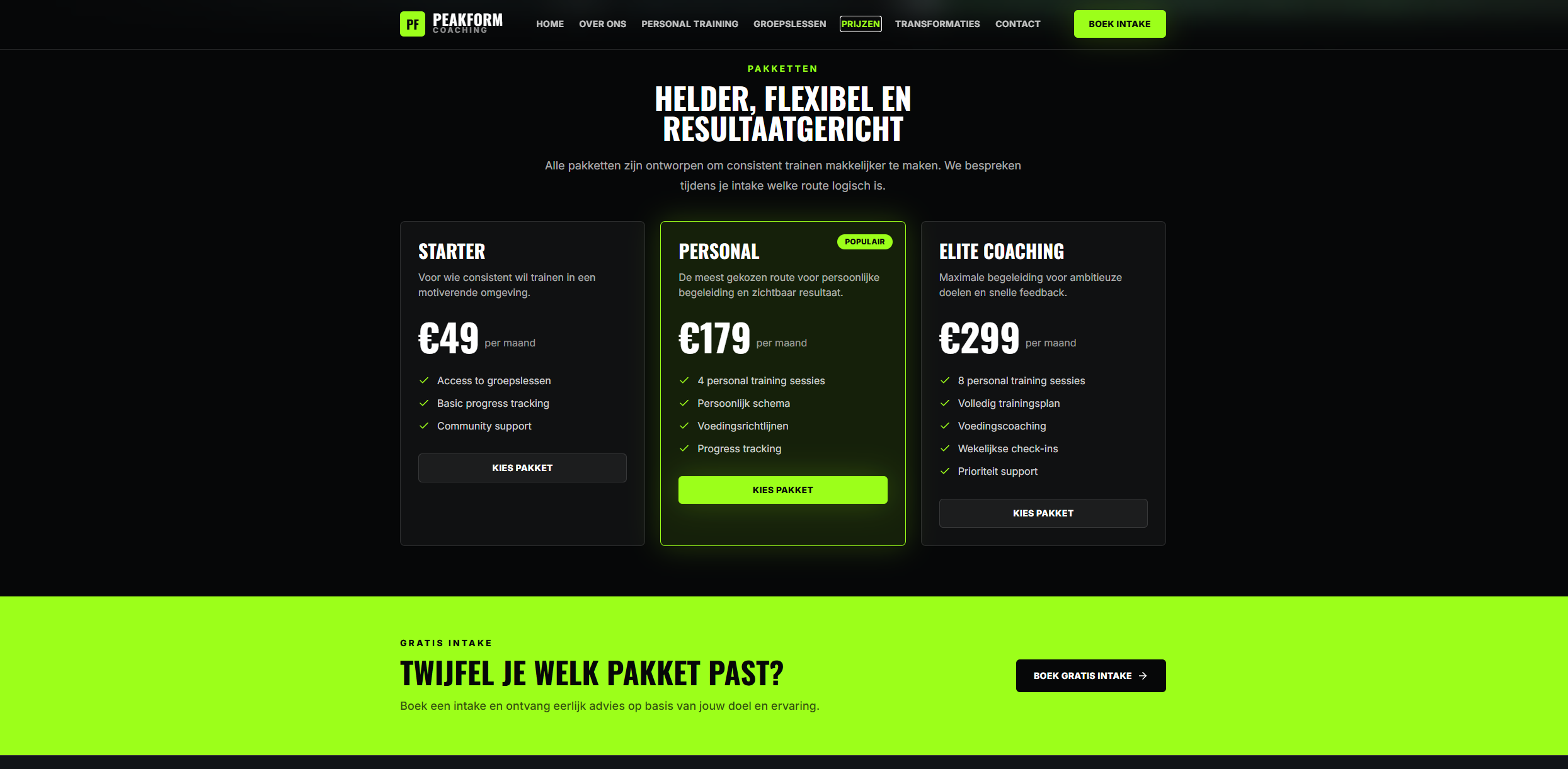 Personal trainer prijzen pagina